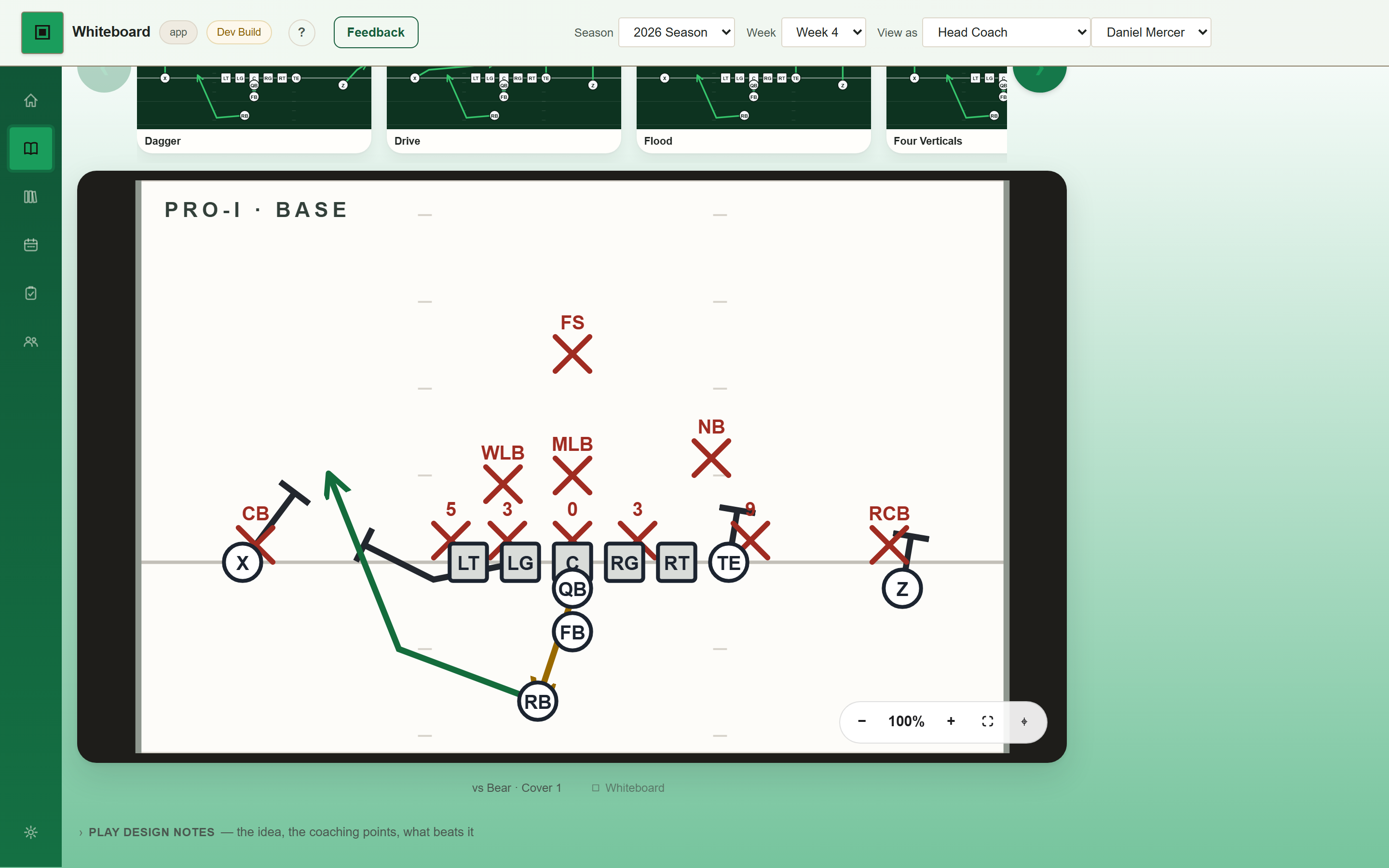 The Whiteboard Play Designer with a complete play on the field: a Pro-I sweep against a Bear front, the ball carrier's track, the fullback's lead and the receivers' stalk blocks all drawn, every player carrying an assignment
