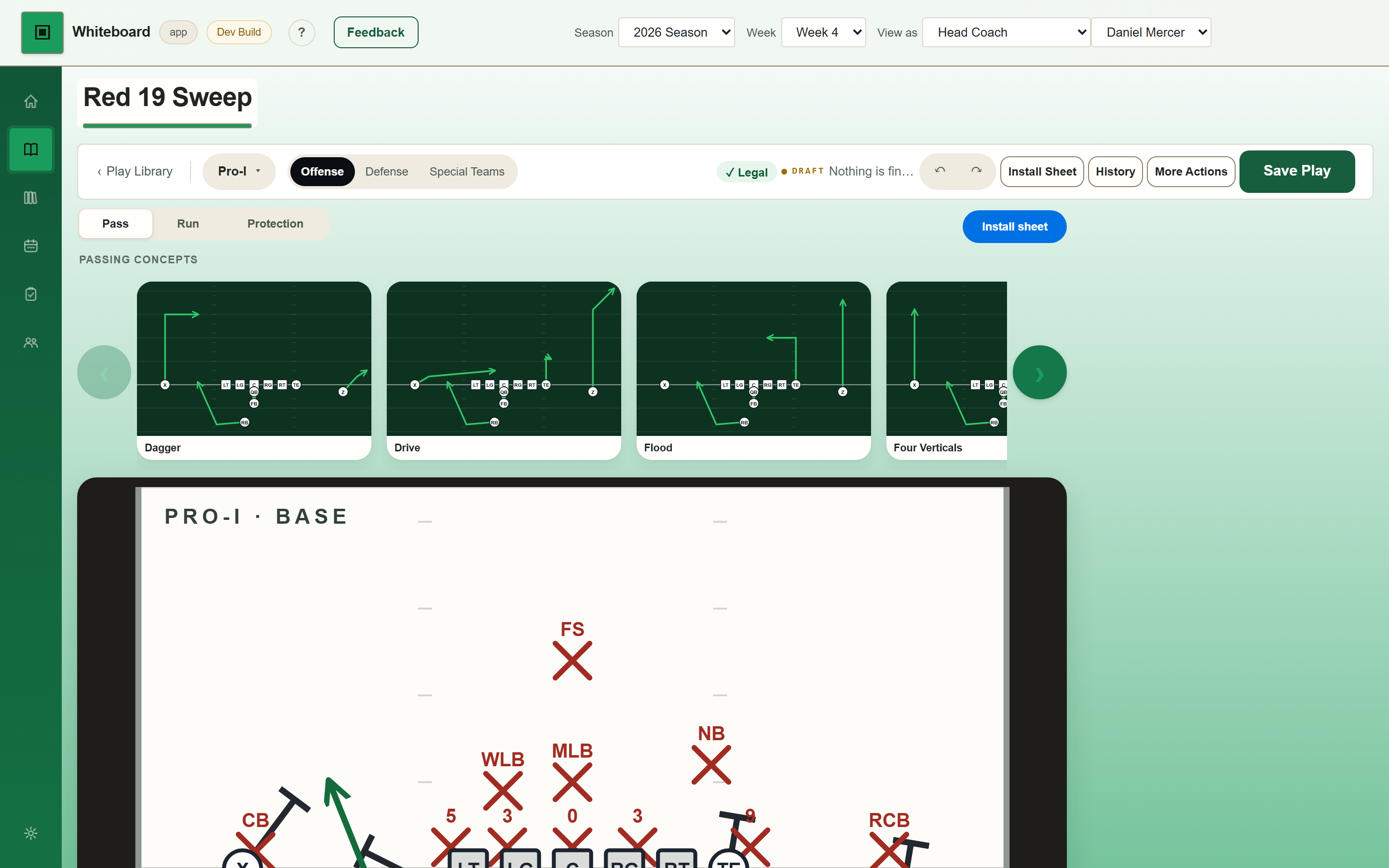 The Whiteboard play design screen: pass, run and protection rows above the field, a scrollable row of illustrated concept cards, and the play drawn against the base defense beneath them